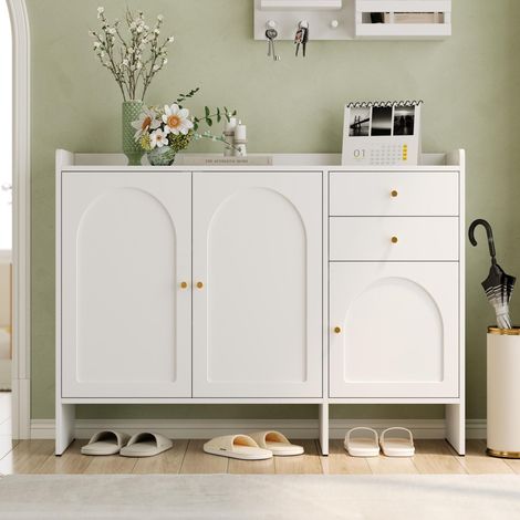 Zapatero, 120x35x90 cm, cómoda de almacenaje con 3 puertas y 2 cajones, gran mueble para pasillo con tiradores y estantes regulables, blanco (1/5)