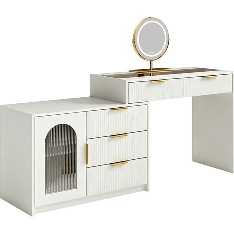 Coiffeuse moderne avec plateau en verre, extensible, avec miroir rétroéclairé LED et design nervuré, blanche, H 75/L 90-160/P 40 cm