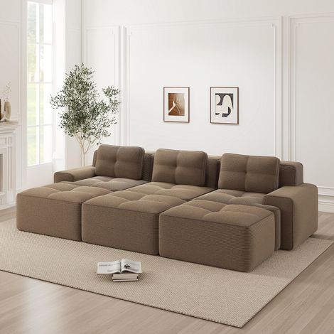 Canapé sans cadre, tissu velours côtelé doux, canapé d'angle modulable convertible avec 3 poufs, canapé 3 places, canapé confortable pour le salon, marron
