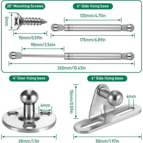 4-teiliges Set hydraulischer Gasfedern 200 N/20 kg, inklusive Schrauben, Gasfedern für Schränke und Küchenmöbel, Gasdruckdämpfer zum Anheben von Schranktüren und Küchenmöbeln (1/5)
