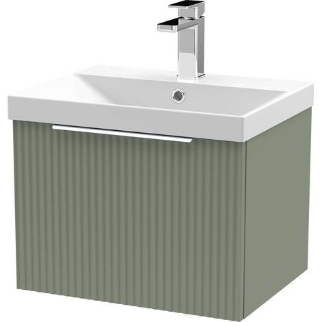 Hudson Reed Fluted Wall Hung 1-Drawer Vanity Unit with Basin 3 500mm Wide - Satin Green