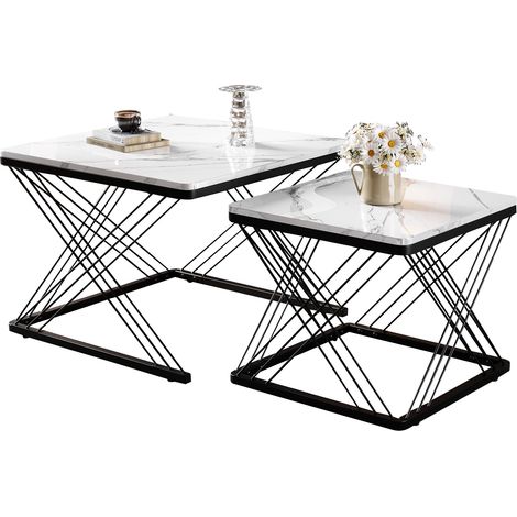 Table basse gigogne 2 pièces carrées effet marbre brillant, pieds réglables, en MDF noir et blanc, 30 kg par table, pour salon moderne CHICFURN (1/5)