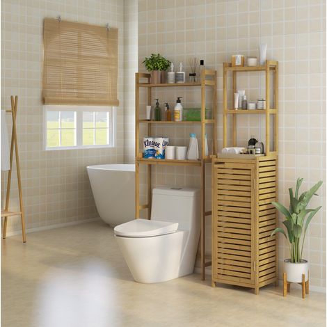 Mueble de baño sobre inodoro de bambú natural, estilo sencillo, 3 estantes abiertos, ahorra espacio, 68 x 20 x 165 cm (1/5)