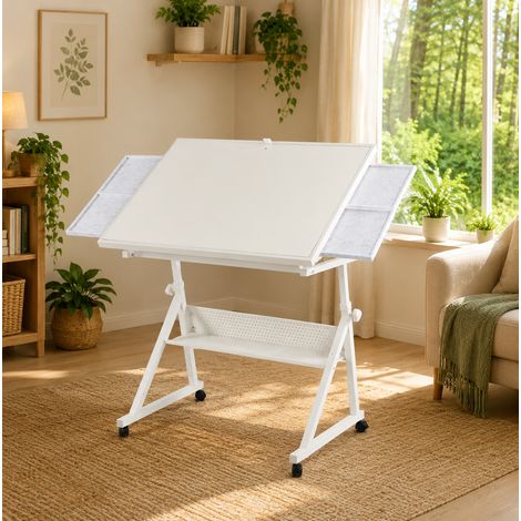 Mesa para puzles ajustable, inclinable, con 4 bandejas, cubierta protectora, MDF y metal blanco (1/5)