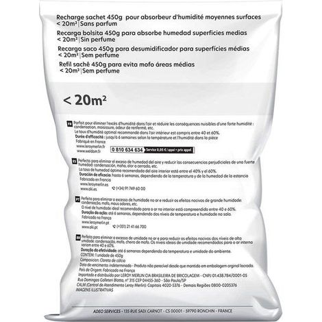 Centrale Brico – Recharge sac absorbeur d'humidité 20 m² 450g – Efficacité jusqu'à 6 semaines – Type pastilles – Pour espaces confinés