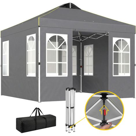 Outsunny carpa plegable 3x3 m, pop-up, con 4 laterales extraíbles, upf50+, altura ajustable, bolsa de transporte, sacos arena, para exterior, gris