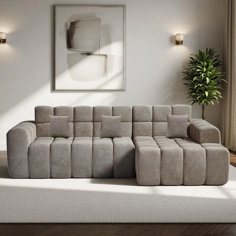 Canapé d'angle 3 places en forme de L avec méridienne, 249,94x124,97x84,93cm, tissu blanc kaki (1/5)