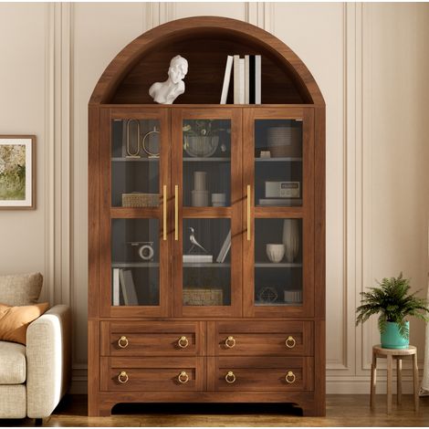 Vitrina 110x40x185 cm de PB y MDF nogal, 3 puertas de cristal y almacenaje - MEUBLIV (1/5)