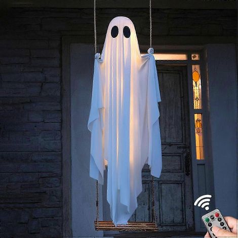 Décorations d'Halloween extérieures - Grande balançoire fantôme suspendue avec guirlande lumineuse - Décorations de fantômes mignons et effrayants pour porche et jardin (1/5)