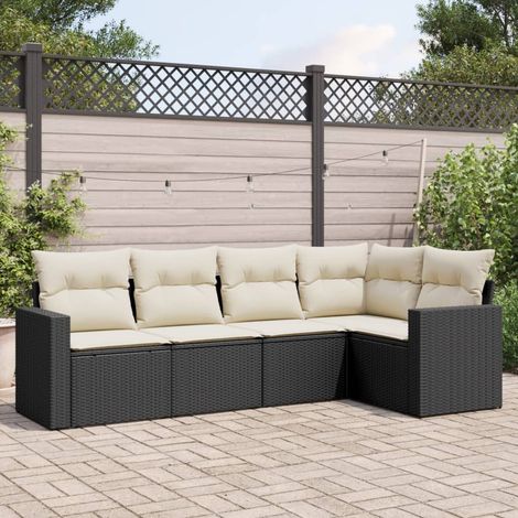 5-tlg. Garten-Sofagarnitur mit Kissen Schwarz Poly Rattan (1/3)