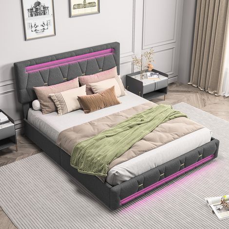 Lit coffre double adulte 140x200 cm avec 4 tiroirs, ports de charge, éclairage LED, revêtement en lin gris, pour adulte et ado