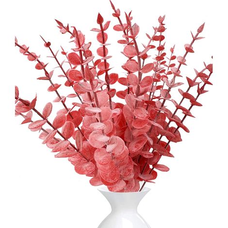 20 Tiges Eucalyptus, Plastique, 38cm, Rouge, Décoration Mariage Maison