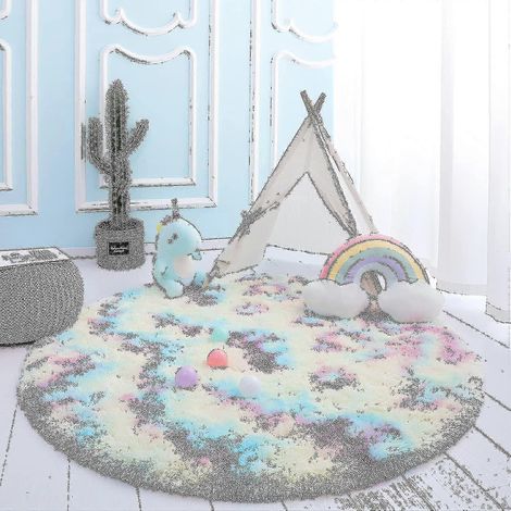 Tapis rond pour chambre d'enfant, motif arc-en-ciel, rose, moelleux, château de princesse, 100 x 100 cm (1/5)