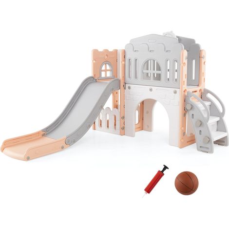 Toboggan 9 en 1 pour Tout-petits, Toboggan en Forme de L et Ensemble d'Escalade avec Panier de Basket, Télescope, Volant, Allée, Rose + Gris