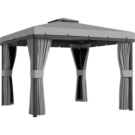 3 x 3(m) Patio Gazebo Canopy Garden Pavilion Tent Shelter Marquee with 2 Tier Roof, Netting and Curtains, Light Grey (1/5)