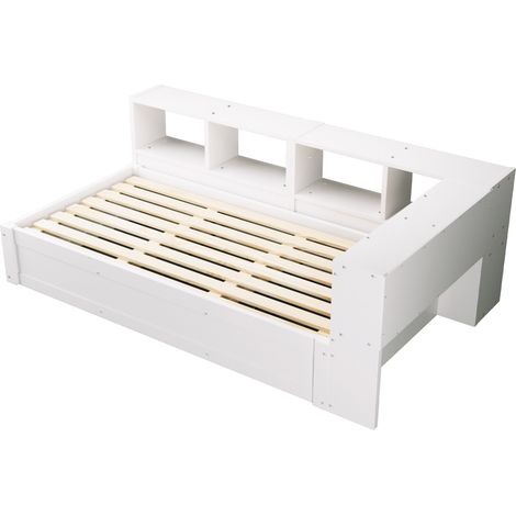 Cama multifunción 90 x 200 cm blanca con enchufes integrados, almacenaje y LED, MODENUIT (1/5)