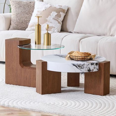 Table Basse aspect noyer MDF verre de sécurité transparent combinable en table basse deux tables d'appoint séparées (1/5)