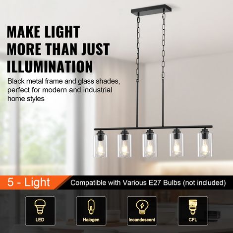 Suspension linéaire 5 spots pour îlot cuisine, 60W, luminaire salle à manger réglable verre transparent 4 tiges 2 chaînes métal style ferme E27 (1/5)