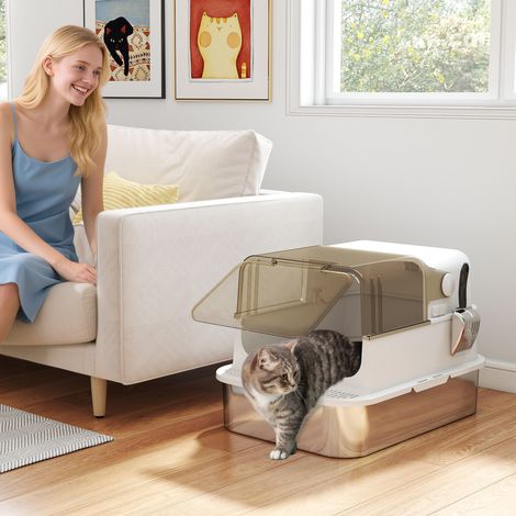 Arenero cerrado de acero inoxidable para gatos, casita con pala, 70 x 50 x 46,5 cm, blanco