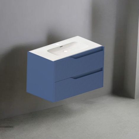 Meuble de salle de bain mural bleu mat avec tiroirs à effet nervuré 80x45x50H cm - Gaper (1/5)
