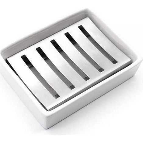 Soap Holder - - Ceramic & Stainless Steel - 8.8 x 11.5 x 3 cm - Multi-Functional - Classic Design
