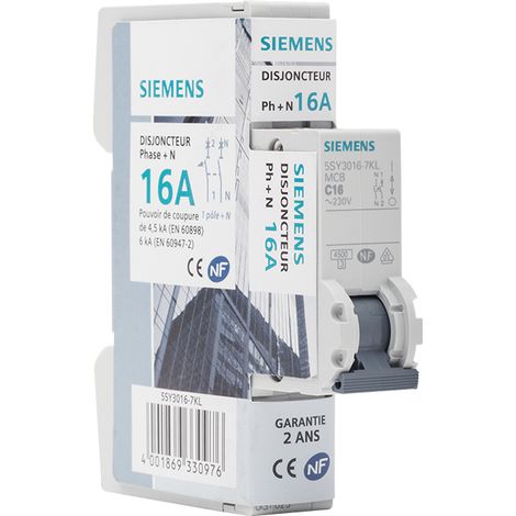 Siemens – Disjoncteur bipolaire 16A – Courbe C – Type de connexion à vis – Protection électrique pour installations domestiques