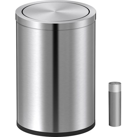 Petite Poubelle avec Couvercle Basculant 9 Litres, Mini Poubelle avec Couvercle, Poubelle Cylindrique en Acier Inoxydable Brossé pour la Maison et le Bureau, pour Sol et Bureau (Argent Brossé (1/5)