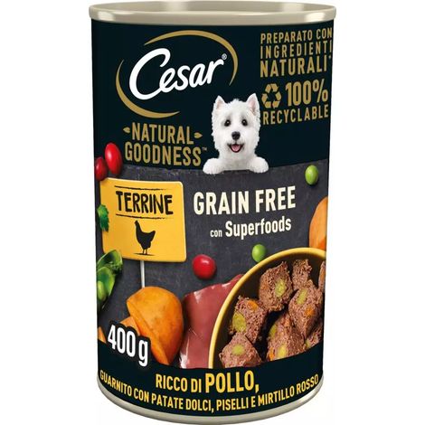 alimento umido per cani cesar "natural goodness" con pollo, patate dolci, piselli e mirtillo rosso 400 gr