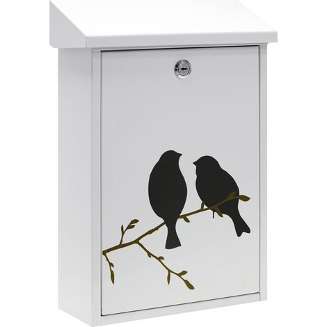 ARREGUI Premium E5601-BIR Briefkasten aus Verzinktem Stahl, mit im Siebdruck lackiertem Vogel - Motiv "Birds", Größe M (DIN A4 Post), Wandbriefkasten für Draußen mit Einwurfklappe, Weiß mit Schwarz