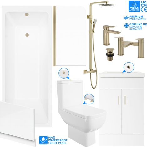 Complete Brushed Brass Bathroom Suite 1700mm Modern Screen Bath Vanity Unit Close Coupled Toilet with Shower and Taps (1/2)