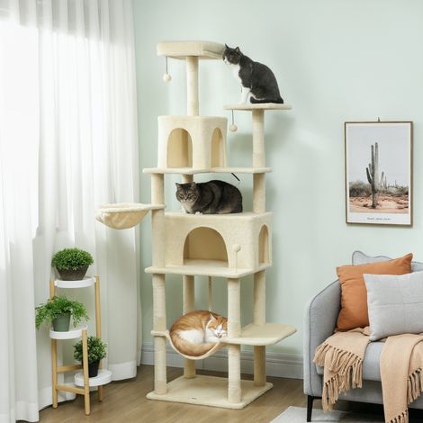 Arbre à grattage 60x48x202 cm beige pour chats avec tour d’escalade à plateforme pour avec grottes de lit, poteaux en sisal (1/4)