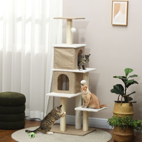 Arbre Gratter Peau Mouton 140 Chats Plateformes Balles Suspendues Poteau Sisal Brun Clair Animaux Compagnie (1/4)
