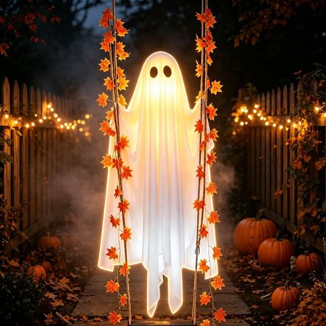 Décoration d'Halloween fantôme sur balançoire avec feuilles d'érable sans lumière réf 5015 40,5 × 16,5 × 14 cm 860 g – Livraison gratuite