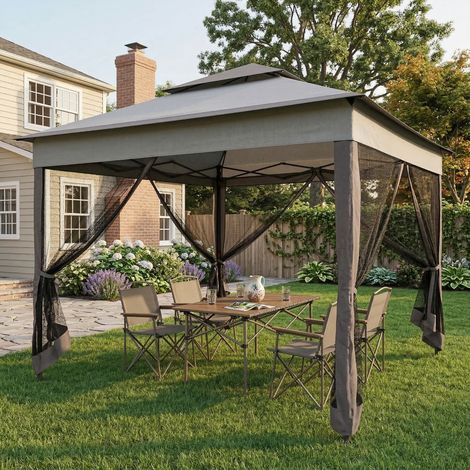 Carpa Plegable Gazebo 3,3x3,3 m con 4 Paredes Laterales de Malla Anti-UV y Bolsa de Transporte Gris