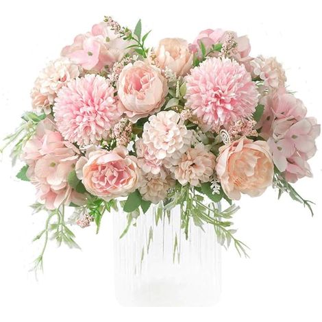 Bouquet de fausses fleurs pivoine pivoine en soie, hortensia artificiel, œillets en plastique, décoration de table pour mariage, centre de table rose clair, ensemble de fleurs décoratives (1/5)