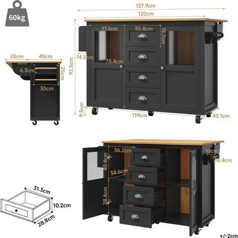Îlot de cuisine, meuble de rangement, buffet, 120 x 73 (45) x 93 cm, desserte de cuisine extensible à roulettes, porte-serviettes, étagère à épices, étagères réglables, deux portes, quatre tiroirs, bl (1/5)