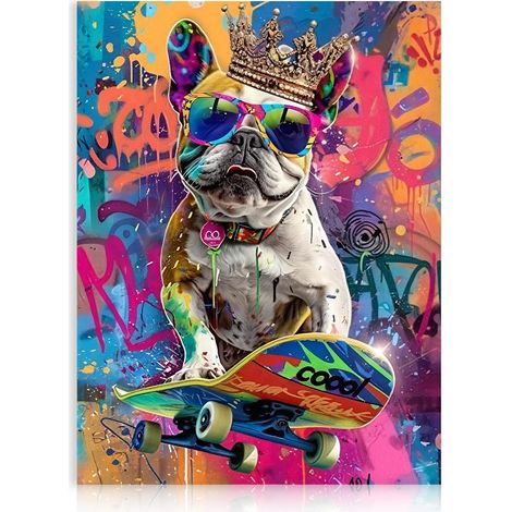Œuvre Murale Graffiti Drôle d'un Chien Jouant au Skateboard, Poster Coloré d'Image Animalière pour la Décoration de Chambre ou Pièce 30x40 cm Sans Cadre (1/5)