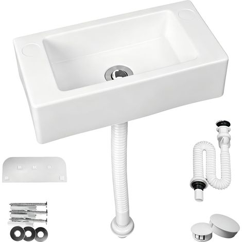 Lavabo suspendu blanc 40 x 20 x 11 cm / 16 x 8 x 4 pouces, mini-lavabo rectangulaire en plastique, montage sur plan ou mural possible, mini-lavabo de vestiaire avec tuyau d'arrivée d'eau de 75 cm (1/5)