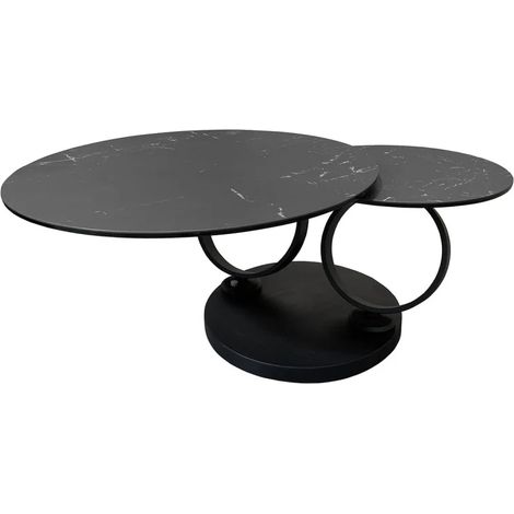 Table basse gigogne rotative 2 plateaux céramique gris anthracite marbré – Pied métal circulaire – Dimensions 128x43x77cm ouverte – Meubletmoi (1/5)