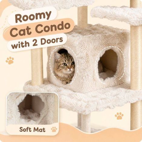 Arbre à chat beige 170 cm en peluche et sisal avec niche, plateforme, griffoirs et arche brosse pour appartement, salon et chambre (1/5)