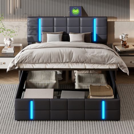 Superaly - Lit coffre hydraulique 160x200cm - Tête de lit capitonné avec éclairage LED - Rangement sous le lit - Port USB intégré -Sommier à lattes - Convient aux adultes et adolescents - PU - Noir (1/5)