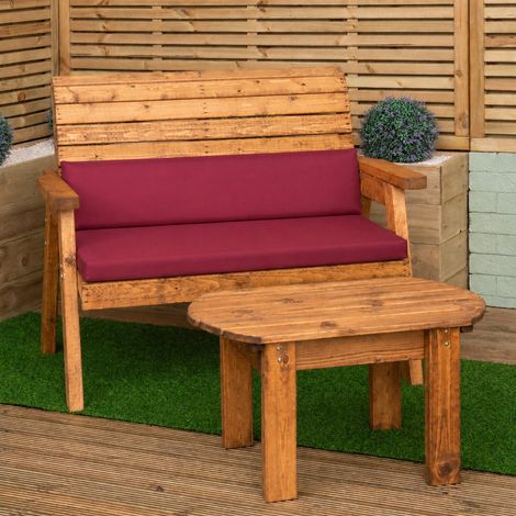 2 Seater Wooden Furniture Bench With Coffee Table & Burgundy Cushions (1/5)
