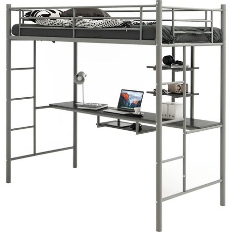 COSTWAY Cama Alta con Escritorio 95x200cm, Cama Alta Individual, Estructura de Hierro, 2 Escaleras Bilaterales y 2 Estantes de Almacenamiento, Literas Juveniles con Escalera (Negro) (1/5)