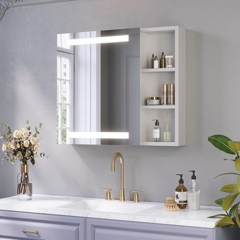 AQUABATOS Bad Spiegelschrank mit Beleuchtung Linksoffener Badezimmerschrank LED Badspiegel mit Infrarot Sensor Antibeschlag Dimmbar 1. Größe: 70 x 60 cm Linksoffener Spiegelschrank