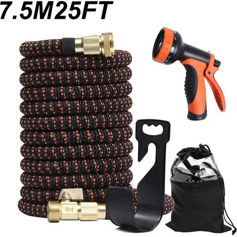 Tuyau d'arrosage Extensible 7.5M, Tuyaux d'arrosage Flexible 25FT, avec pistolet pulvérisateur à 10 fonctions, Pour l'extérieur, Orange (1/5)