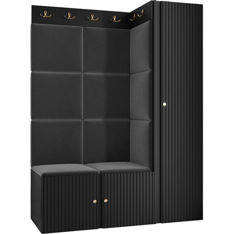 Meuble d'entrée Hartford 385, Noir, 186x124x46cm, Stratifié, Tissu, MDF, Murale, À poser