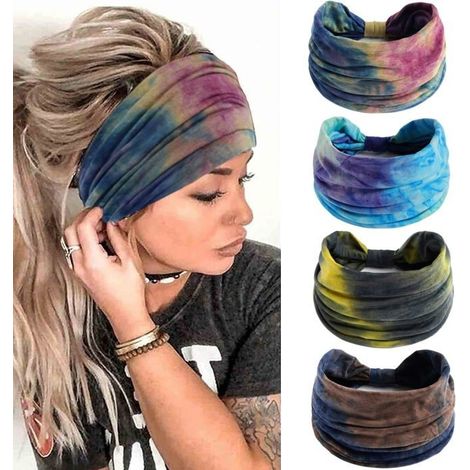 Lot de 4 bandeaux larges pour femmes, bandeaux tendance, élastiques antidérapants, turban noué, bandeau de sport pour le yoga (1/5)