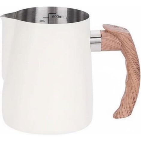 Pichet à Mousse de Lait Professionnel Poignée Bois Élégante Marquage Volume Interne Bec Verseur Contrôlé Accessoire pour Cappuccino Adapté aux Baristas et Cuisine Quotidienne, Blanc, 600ML (1/5)