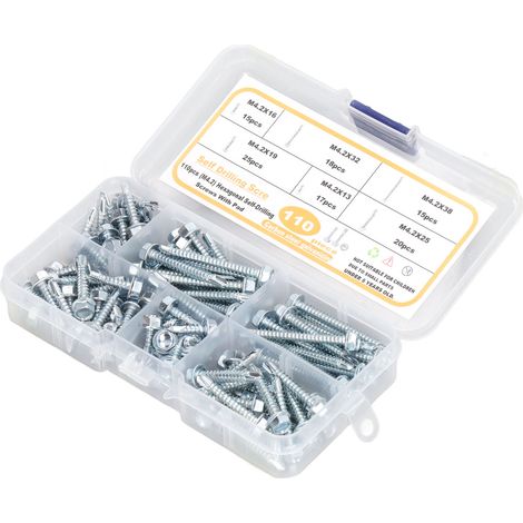 Kit de 110 vis autoperceuses à tête hexagonale avec rondelle M4.2, assortiment de 6 tailles. (1/5)