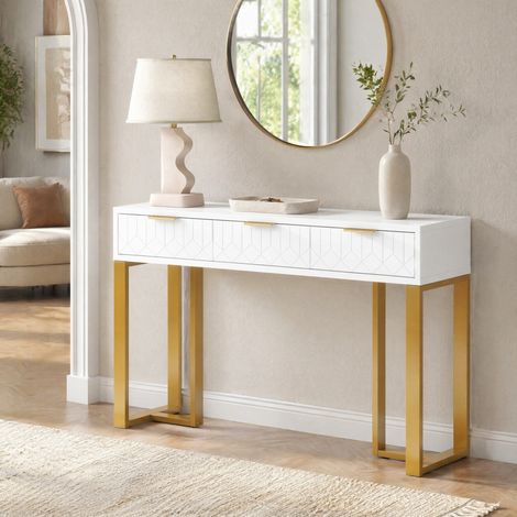 Tavolo consolle 120x36x80 cm bianco e oro, 3 cassetti, metallo e piedini regolabili MEUBLIV (1/5)